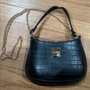 GUESS Black Croc-Patterned Shoulder Bag with Gold Chain